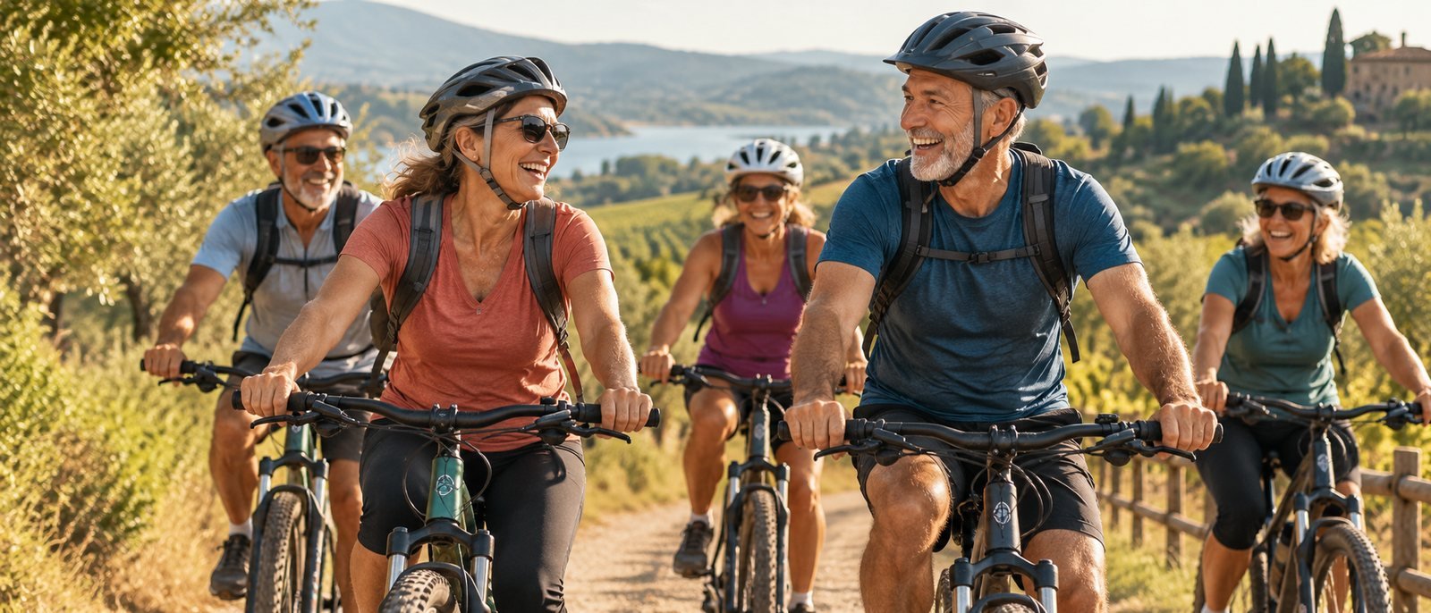 Friends in their fifties and sixties laughing together during a bike ride on a sunny trail