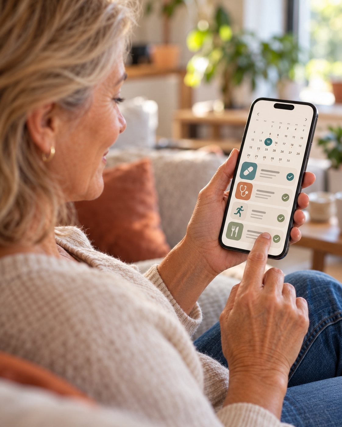 Smartphone showing The Golden Wellness app calendar with medication reminders and a weekly habits checklist