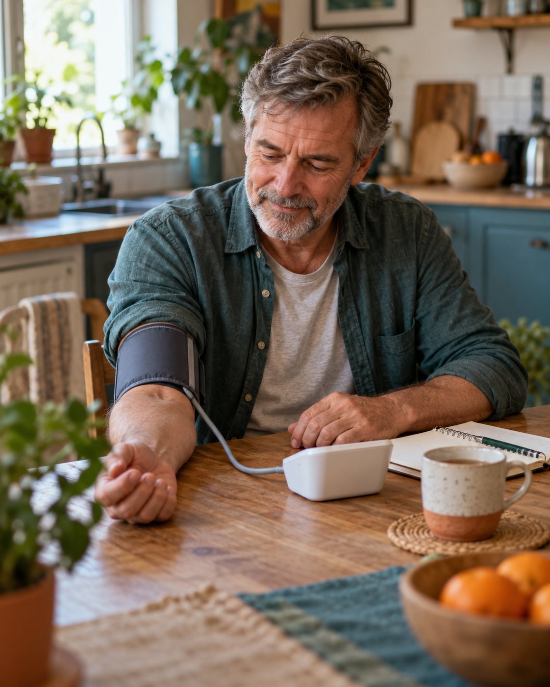 A man in his fifties checking his blood pressure at home with a digital monitor at the kitchen table