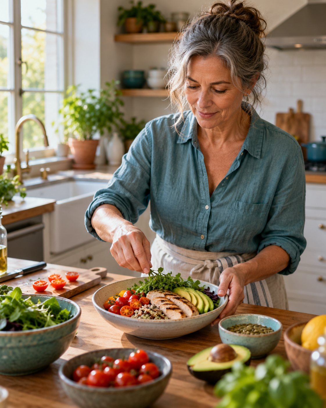 A woman in her fifties preparing a colorful plate with vegetables, whole grains and lean protein