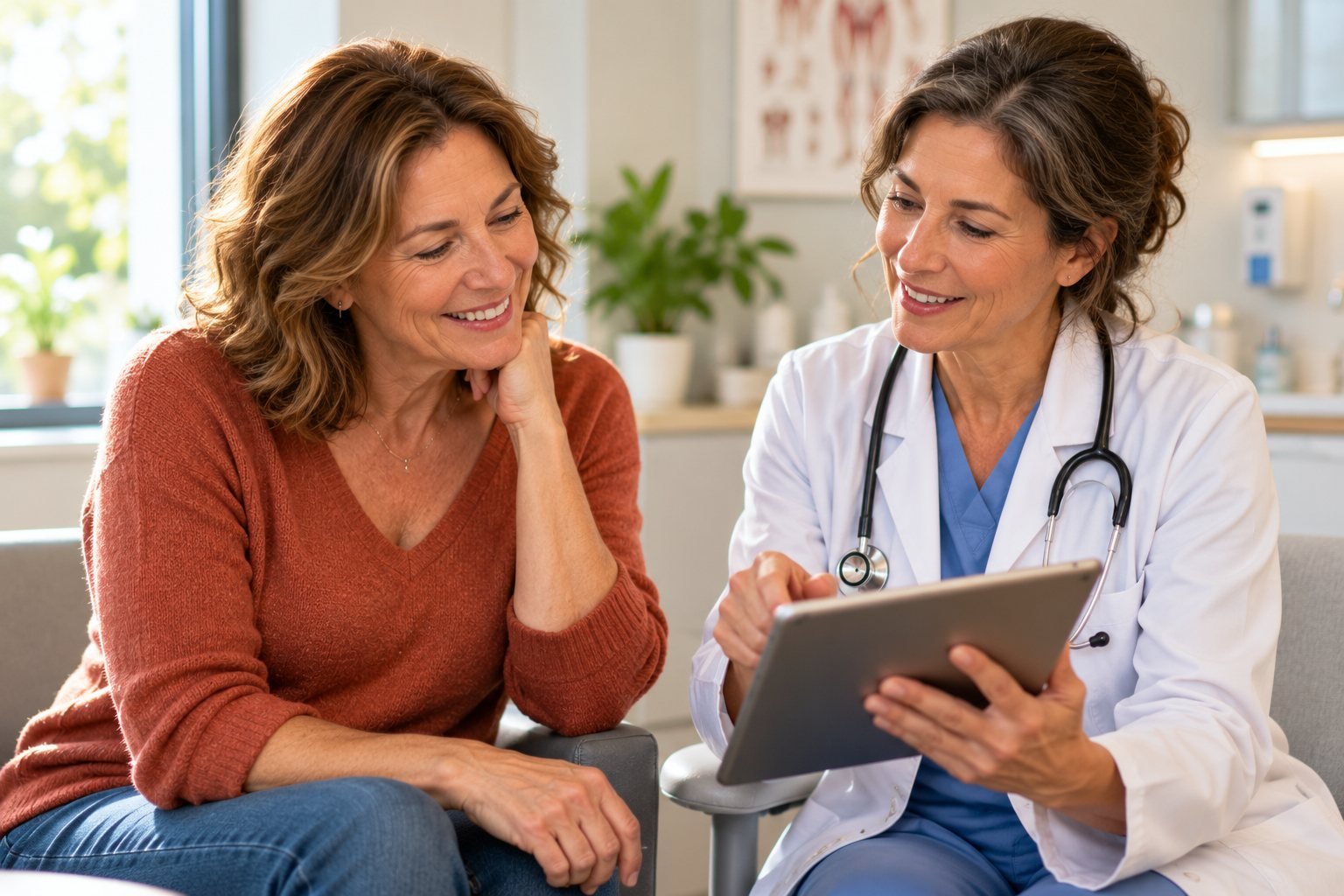 A friendly doctor reviewing results on a tablet with a woman in her fifties