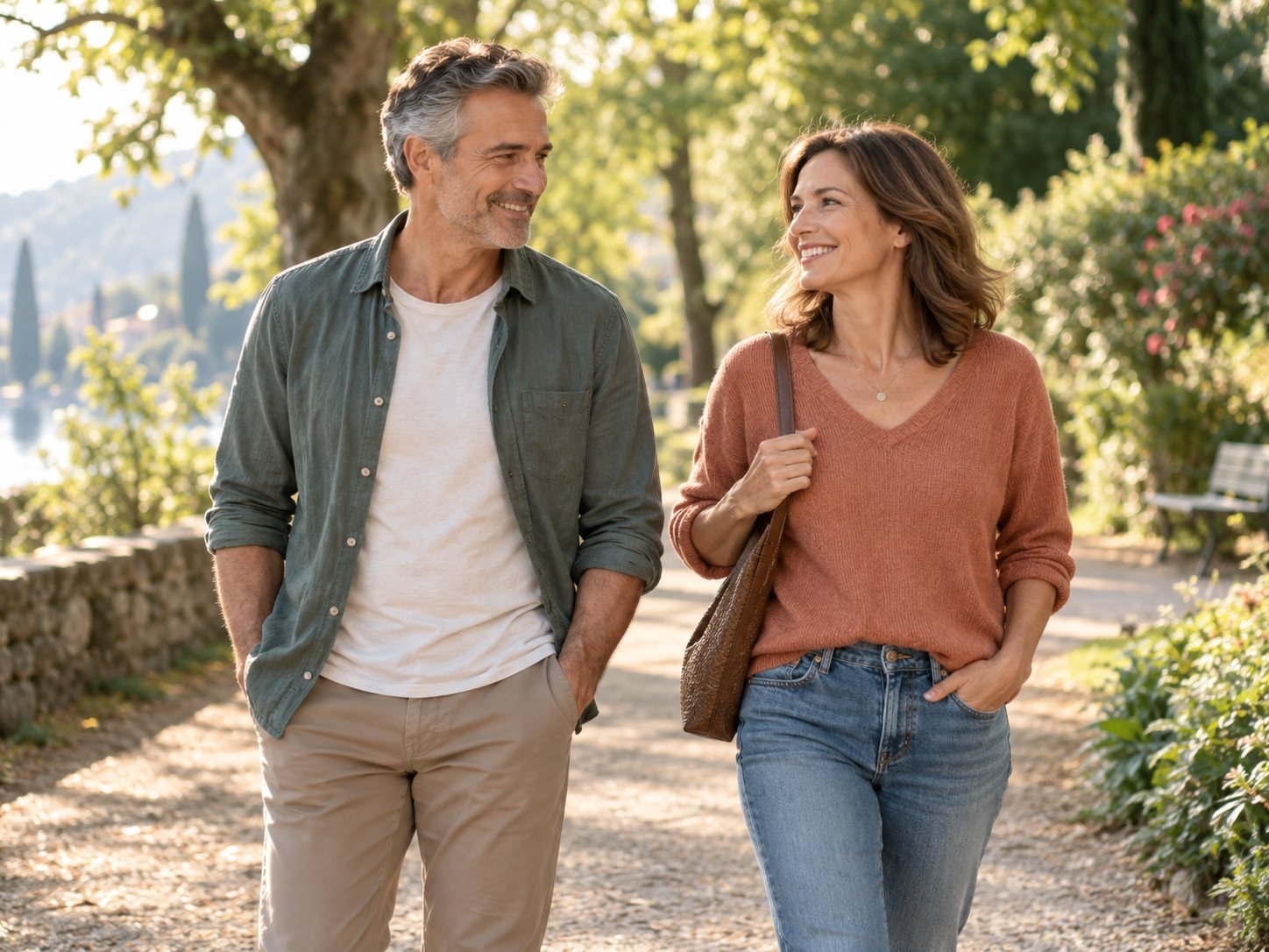 A smiling couple in their fifties walking together in a park on a sunny morning