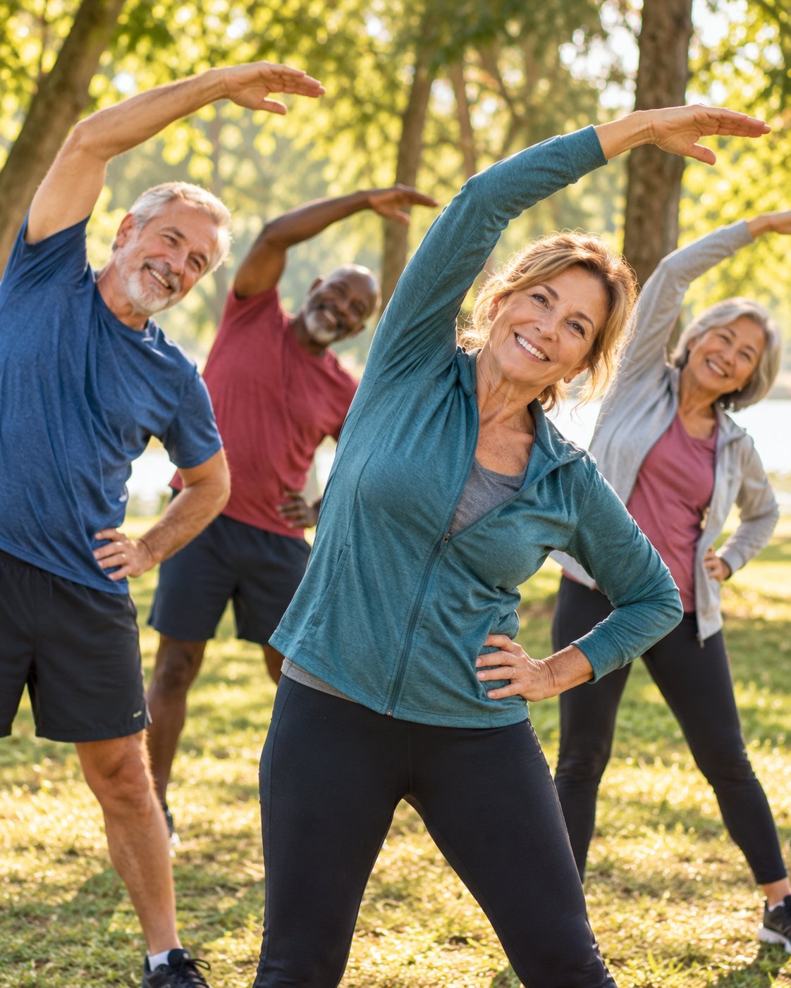 A group of adults in their fifties and sixties doing gentle stretching exercises outdoors