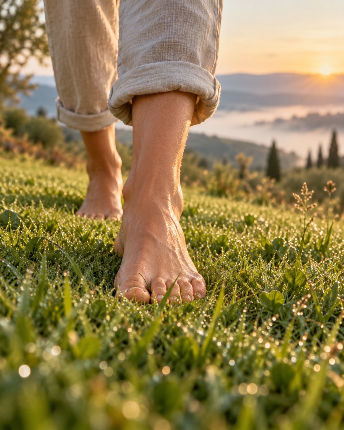 Bare feet of an adult walking slowly on soft green grass in the morning light