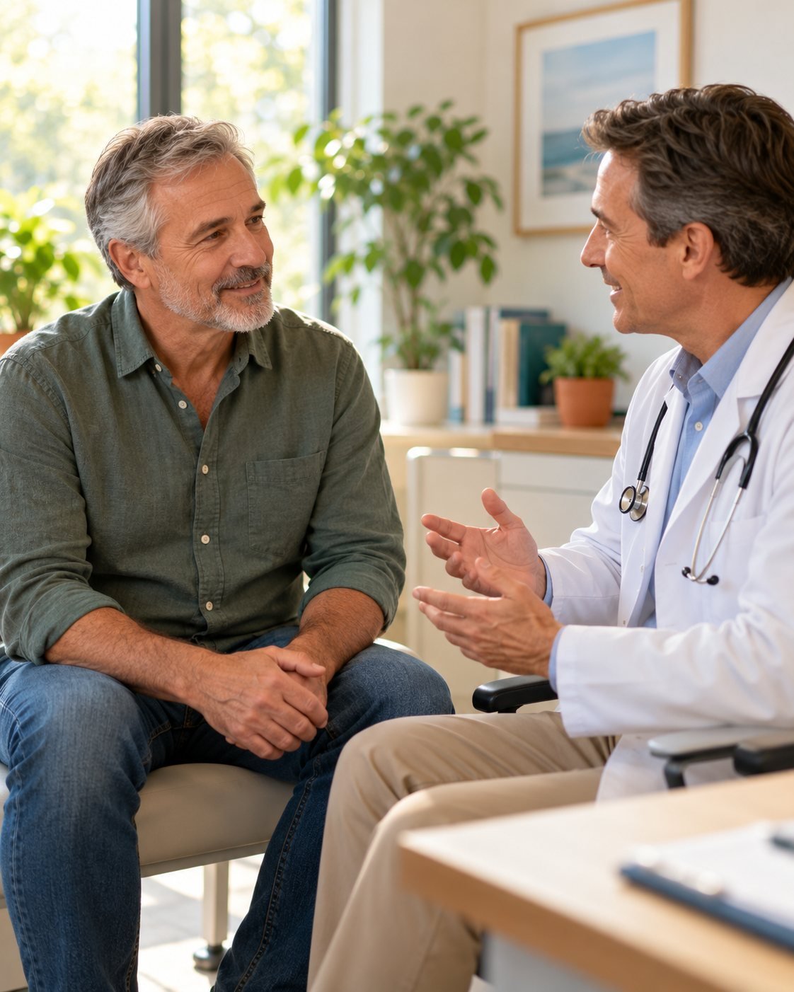 A man in his late fifties having a calm conversation with his doctor in a bright clinic office